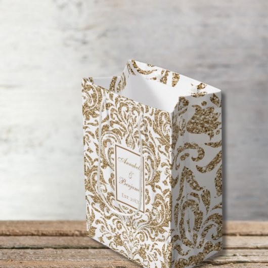 Elegant Wit en Goud Faux Glitter Bruiloft Medium Cadeauzakje