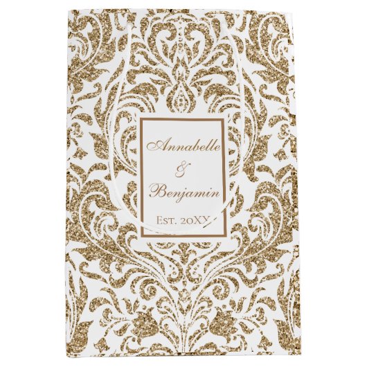 Elegant Wit en Goud Faux Glitter Bruiloft Medium Cadeauzakje (Voorkant)