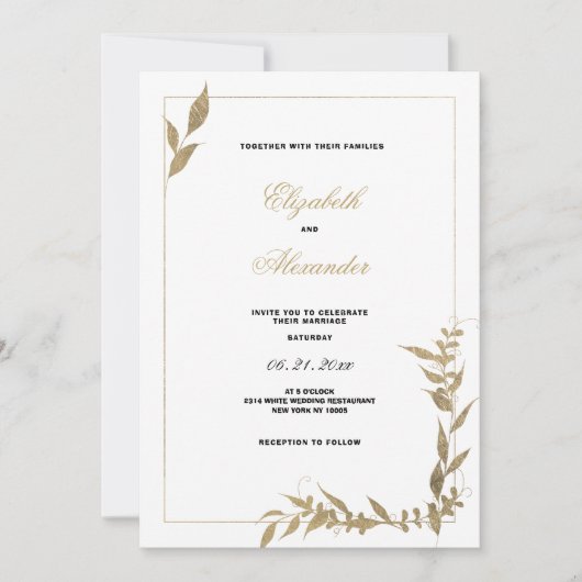 Elegant wit en goud gebladerte bruiloft kaart (Voorkant)