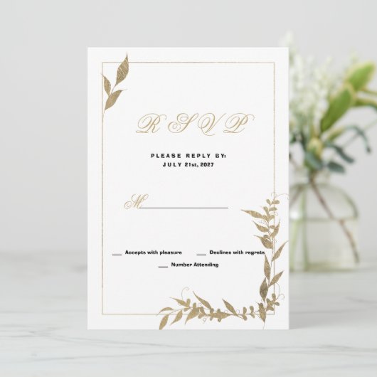 Elegant wit en goud gebladerte RSVP Kaart (Staand voorkant)