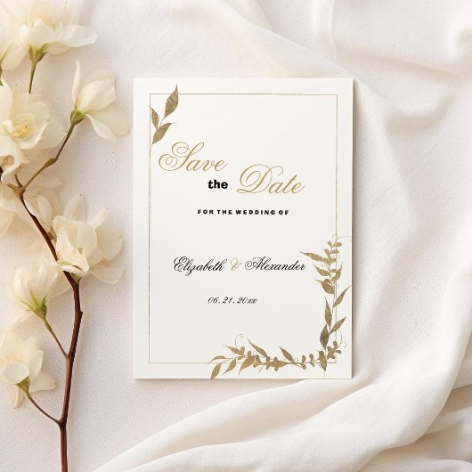 Elegant wit en goud gebladerte Save the Date Kaart