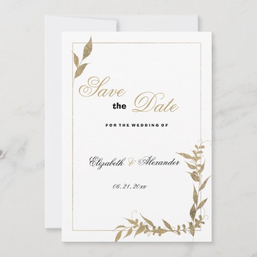 Elegant wit en goud gebladerte Save the Date Kaart (Voorkant)