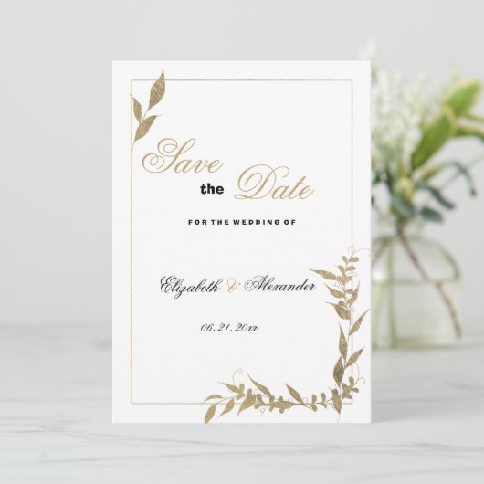 Elegant wit en goud gebladerte Save the Date Kaart (Staand voorkant)