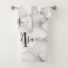 Elegant Wit en Goud Gemarmerd Monogram Bad Handdoek