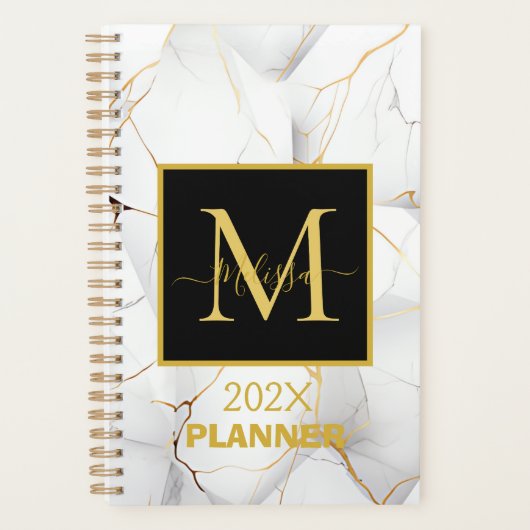 Elegant wit en goud gemarmerd monogram naam planner (Voorkant)