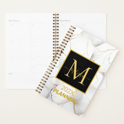 Elegant wit en goud gemarmerd monogram naam planner (Display)
