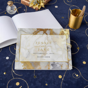 Elegant wit en goud marmeren bruiloft gastenboek