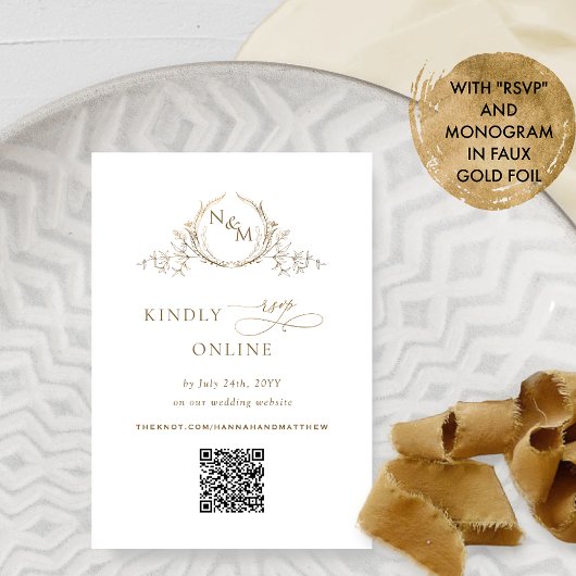 Elegant Wit en Goud Monogram QR Code RSVP Informatiekaartje