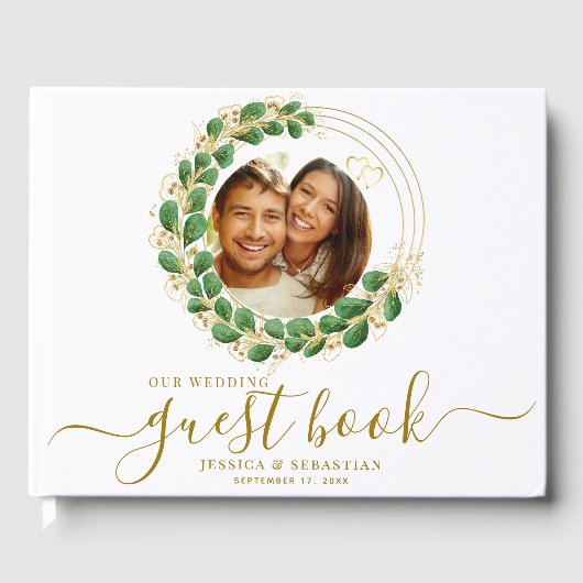 Elegant wit en goud twee foto's bruiloft gastenboek (Voorkant)