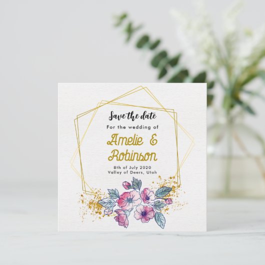 Elegant Wit en Gouden Bloemend Modern Uniek Save The Date (Staand voorkant)
