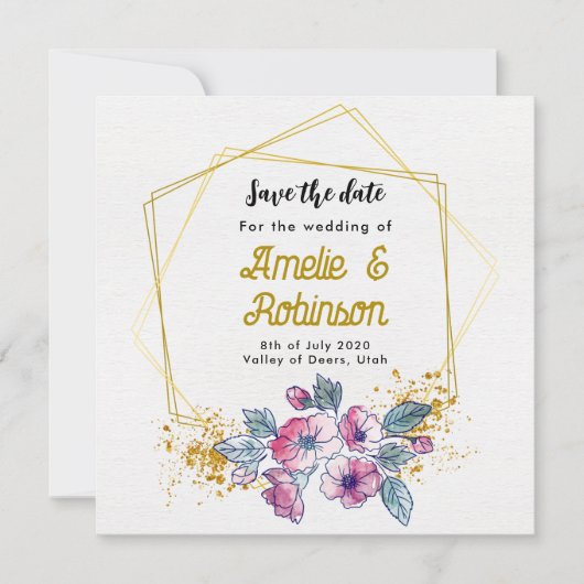 Elegant Wit en Gouden Bloemend Modern Uniek Save The Date (Voorkant)