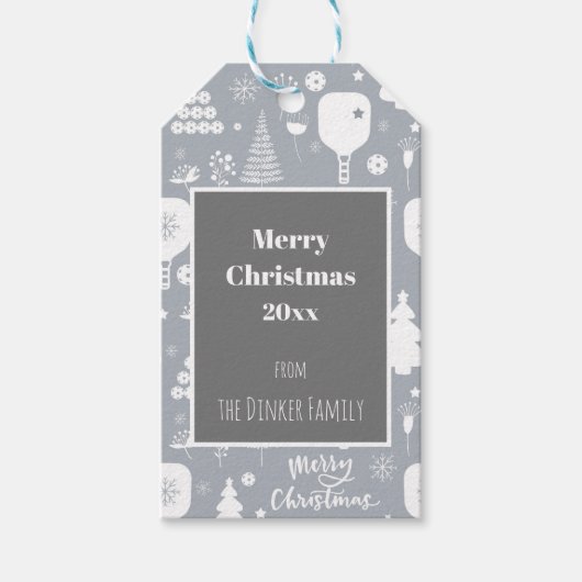 Elegant wit en grijs vrolijk kerstfeest horizontaa cadeaulabel (Voorkant)