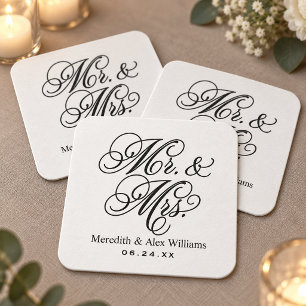 Elegant wit en mevrouw huwelijksmonogram kartonnen onderzetters