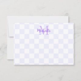 Elegant wit en paars dambordpatroon gepersonalisee notitiekaartje