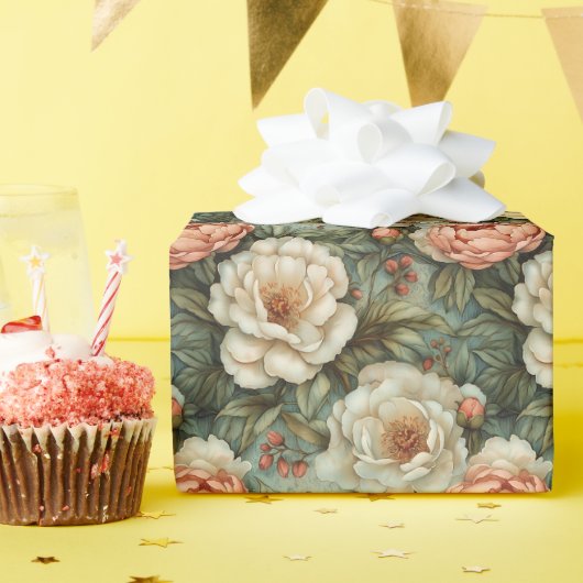  Elegant Wit en Perzik Bloemen Gift Wrap Cadeaupapier (Verjaardagsfeest)