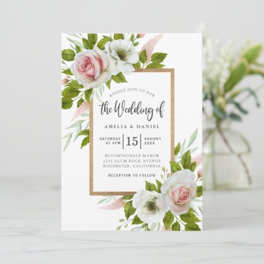 Elegant Wit en Roze Bloemen Waterverf Bruiloft Kaart (Staand voorkant)