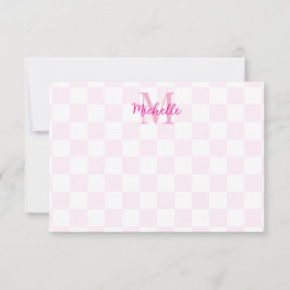 Elegant wit en roze geruit gepersonaliseerd  notitiekaartje