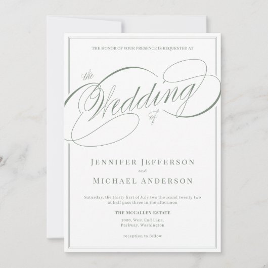 Elegant Wit en Sage Calligrafie Script Bruiloft Kaart (Voorkant)