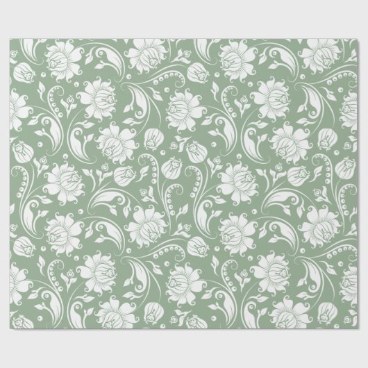 Elegant wit en salie groen bloemendamast patroon cadeaupapier (Vlak)