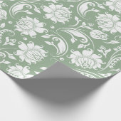Elegant wit en salie groen bloemendamast patroon cadeaupapier (Hoek)