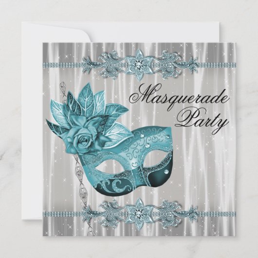 Elegant wit en turquoise maskeradefeest kaart (Voorkant)