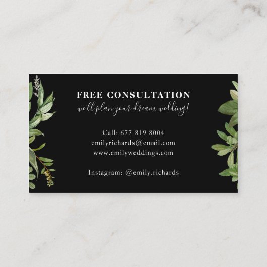 Elegant wit en zwart botanisch blad script visitekaartje (Achterkant)