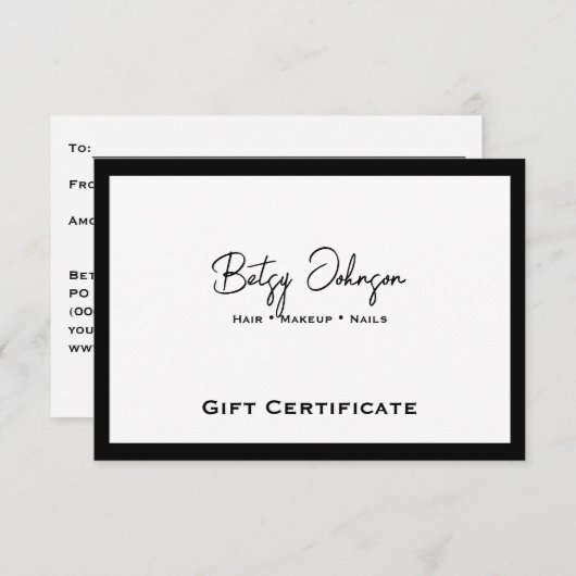 Elegant wit en zwart cadeaubon Kaart (Voorkant / Achterkant)