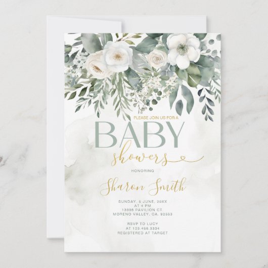 Elegant wit eucalyptus bloemenmeisje Baby shower Kaart (Voorkant)