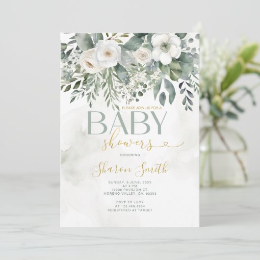 Elegant wit eucalyptus bloemenmeisje Baby shower Kaart (Staand voorkant)