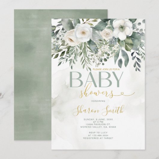 Elegant wit eucalyptus bloemenmeisje Baby shower Kaart (Voorkant / Achterkant)