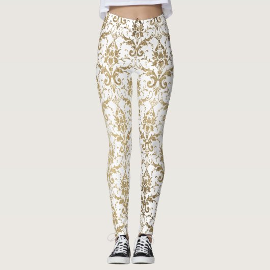 Elegant  wit faux goud bloemendamast leggings (Voorkant)