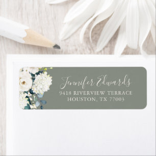 Elegant Wit Floral op Saliegroen Huwelijk Etiket