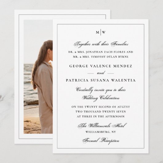 Elegant Wit Foto Monogram Huwelijk Kaart (Voorkant / Achterkant)