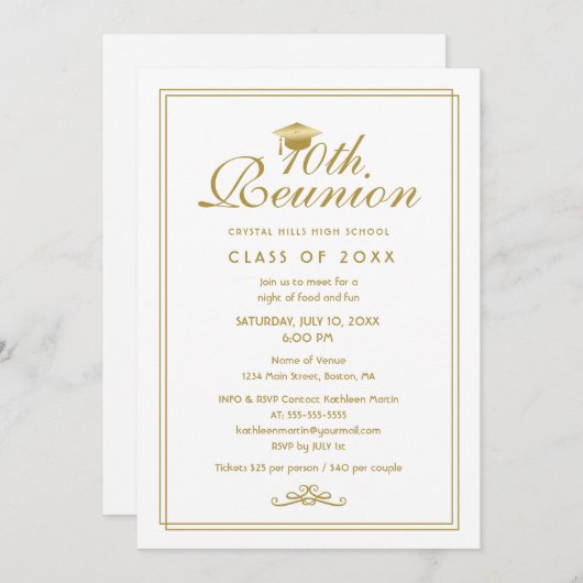 Elegant Wit Goud 10e Klasse Reünie Uitnodiging (Voorkant / Achterkant)