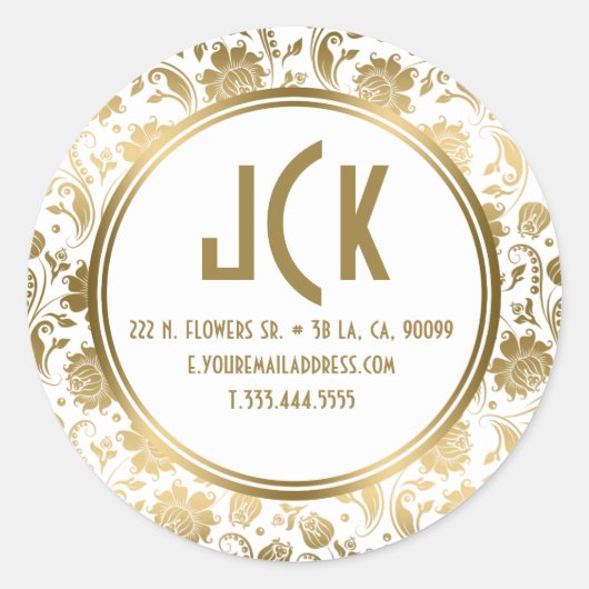 Elegant wit & goud bloemdamast patroon ronde sticker (Voorkant)