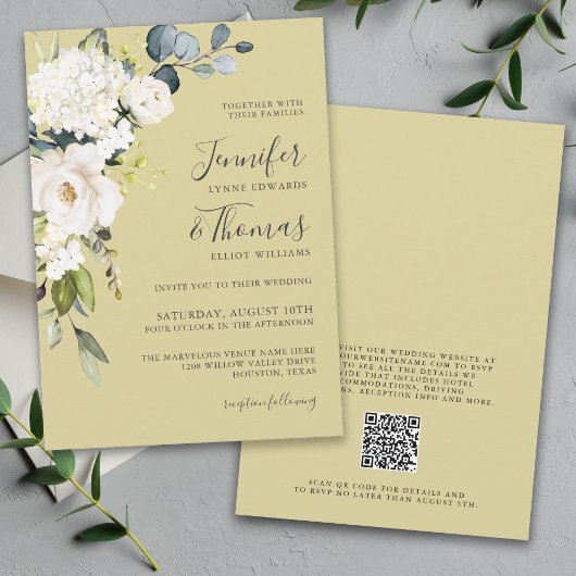 Elegant Wit Goud Bloemen Bruiloft met QR code Kaart
