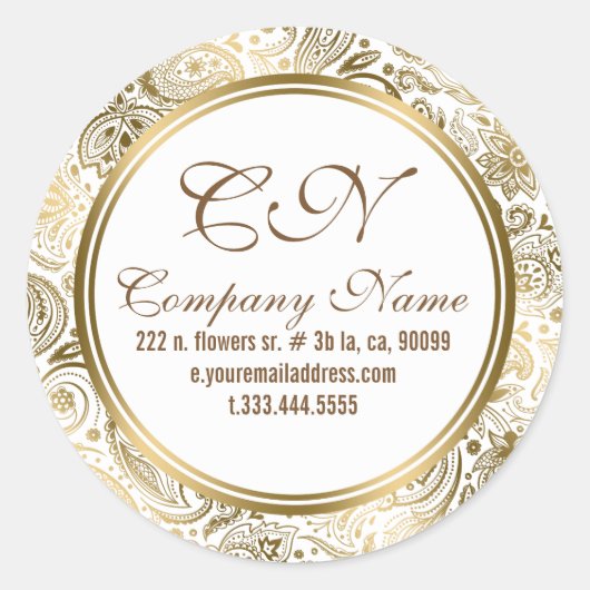 Elegant Wit & Goud Bloemen Kant Paisley Patroon 2 Ronde Sticker (Voorkant)