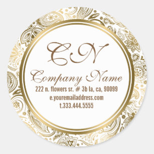 Elegant Wit & Goud Bloemen Kant Paisley Patroon 2 Ronde Sticker