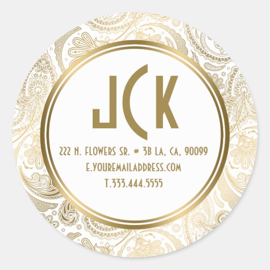 Elegant wit & goud bloemenkant Paisley Patroon Ronde Sticker (Voorkant)