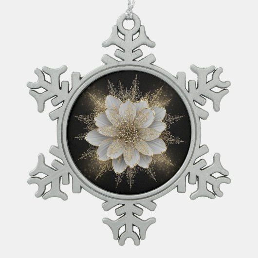Elegant Wit & Goud Bloemornament Tin Sneeuwvlok Ornament (Voorkant)