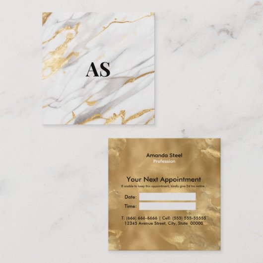 Elegant wit goud faux glitter marmer monogram afsprakenkaartje (Voorkant / Achterkant)