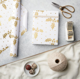 Elegant Wit & Goud Folie Kerst Holly Patroon Cadeaupapier