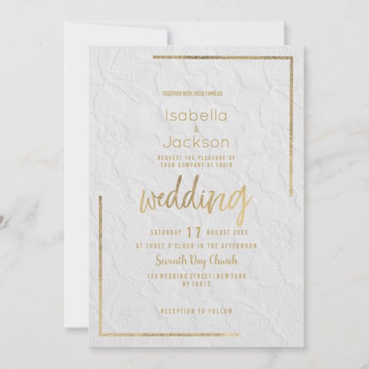 Elegant wit goud frans bloemenkant Bruiloft Kaart (Voorkant)