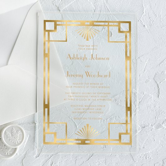 Elegant Wit Goud Geo  1920s Deco Bruiloft Acryl Uitnodigingen