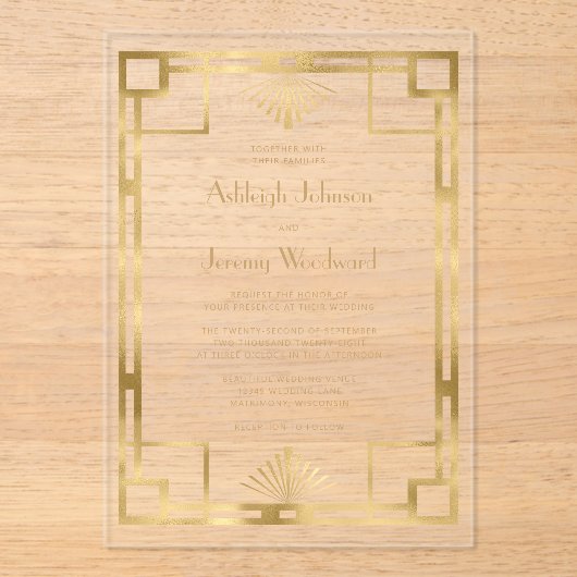 Elegant Wit Goud Geo  1920s Deco Bruiloft Acryl Uitnodigingen (Voorkant)