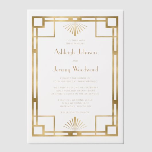 Elegant Wit Goud Geo  1920s Deco Bruiloft Vellum Uitnodigingen (Voorkant)