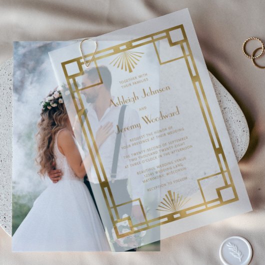 Elegant Wit Goud Geo  1920s Deco Bruiloft Vellum Uitnodigingen