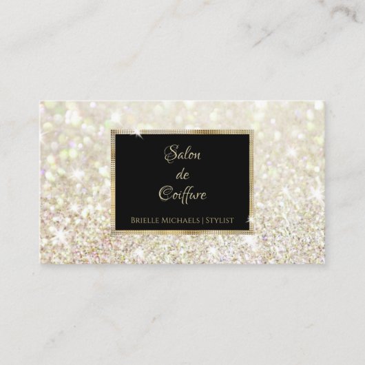 Elegant Wit Goud Glitter Zwart en Goud Salon Visitekaartje (Voorkant)