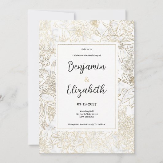 Elegant wit goud grijs marmer bloemenbruiloft kaart (Voorkant)