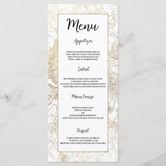 Elegant wit goud grijs marmer bloemenbruiloft Menu (Voorkant)